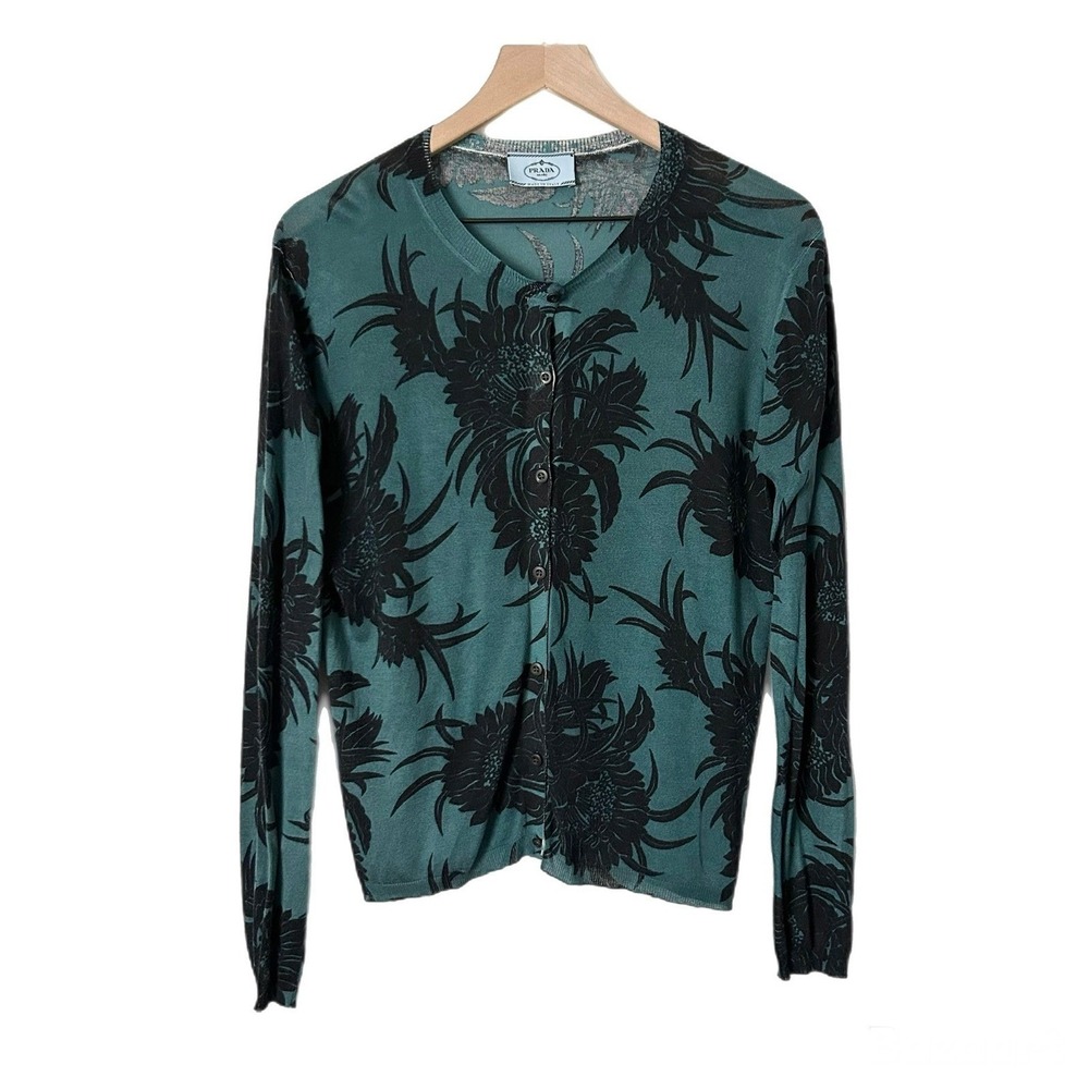 Prada Milano 2014 Resort Collection Floral Knit Cardigan Teal Black 40 IT 4 US